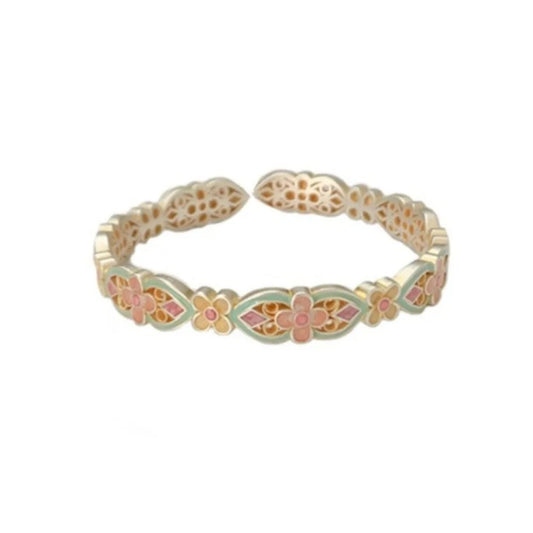 The Handicraft Bracelet Classic Traditional Flower Bangle Sliver 925 features an open design with pink and green enamel floral patterns and intricate inner cut-out detailing.