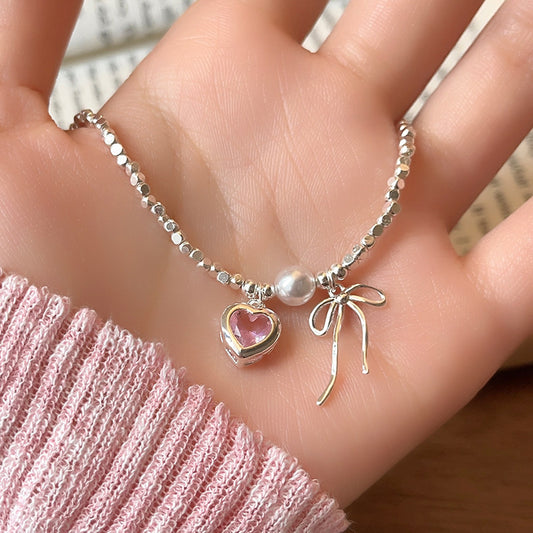 Bow Knot Pink Heart Sterling Silver Necklace with Cubic Zircon