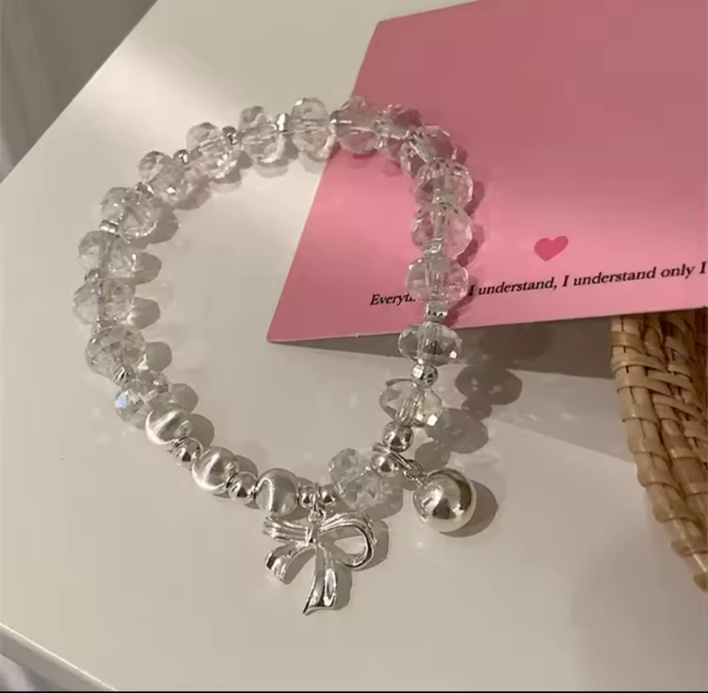 Natural Crystal Sterling Silver Beaded Bow Bracelet