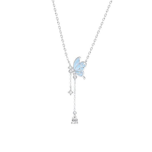 Blue Butterfly Sterling Silver Dangling Cubic Zircon Necklace