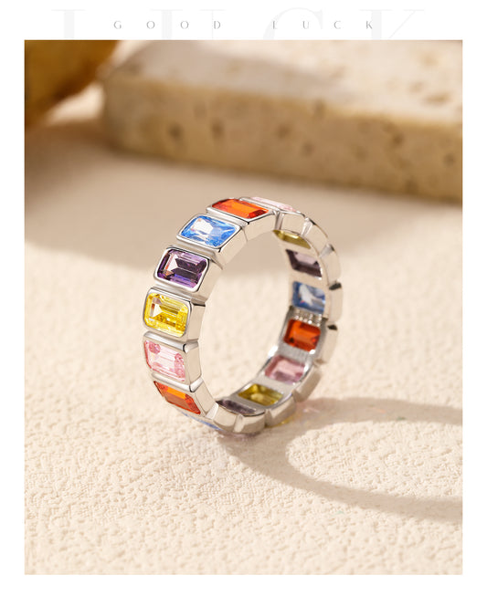 Multi Colored Cubic Zircon Sterling Silver Band Ring