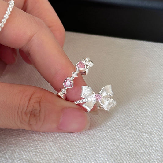 Bow hearts Pink Cubic Zircon Sterling Silver Rings Set