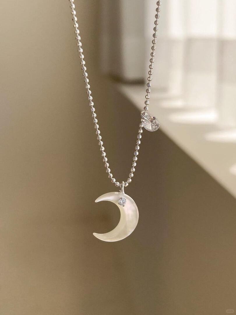 Jade Crescent moon with Cubic Zircon Sterling Silver 925 Necklace