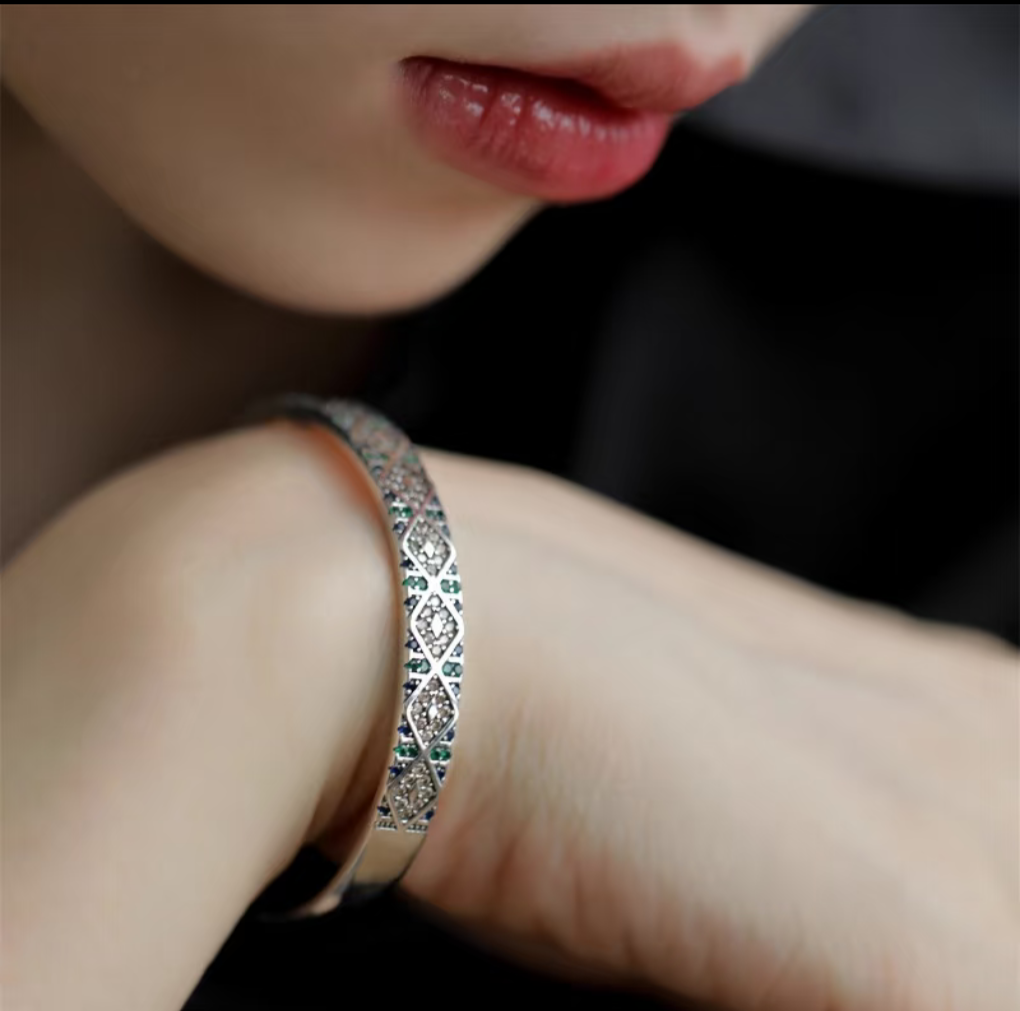 Geometric relationships Sterling Silver 925 with Cubic Zircon Cuff Bracelet