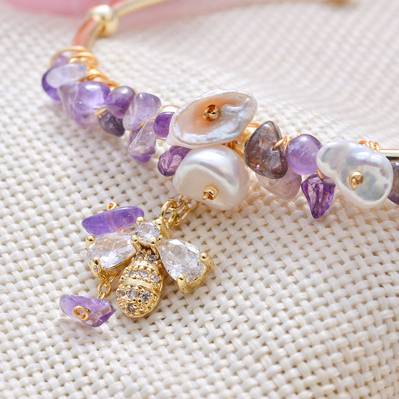 18k Gold Filled Amethyst Natural fresh water pearls Cuff bracelet