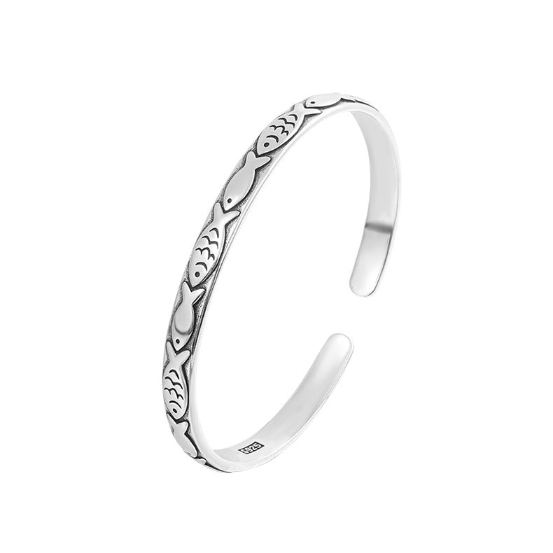 Embossed Fish Good Luck Charm Cuff Bangle Sterling Silver 925