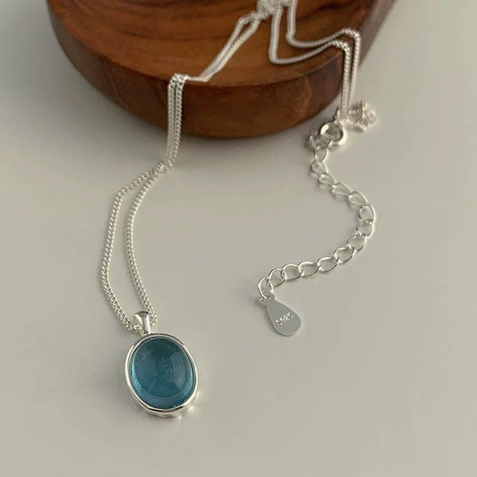Blue Aqua Natural Stone Sterling Silver necklace 925