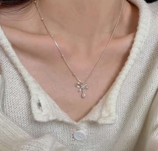 Bow Dual Design Chain Necklace with Pendant Sterling Silver