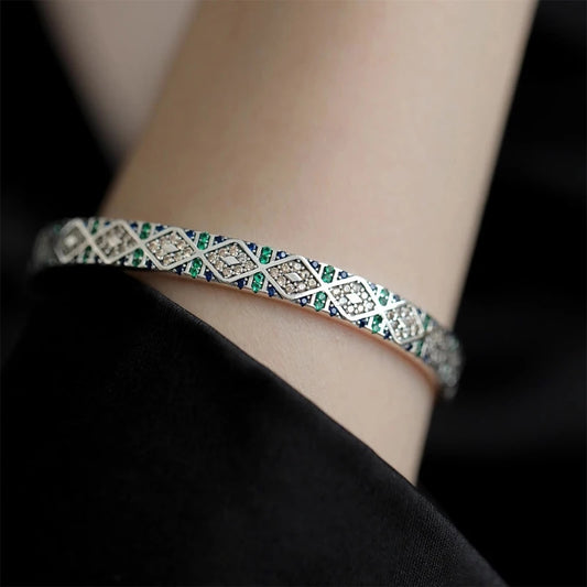 Geometric relationships Sterling Silver 925 with Cubic Zircon Cuff Bracelet