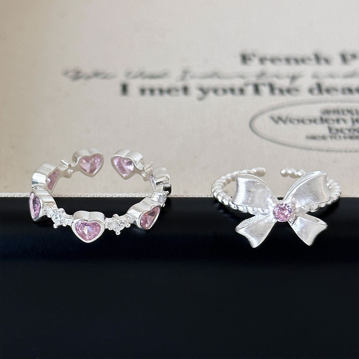 Bow hearts Pink Cubic Zircon Sterling Silver Rings Set