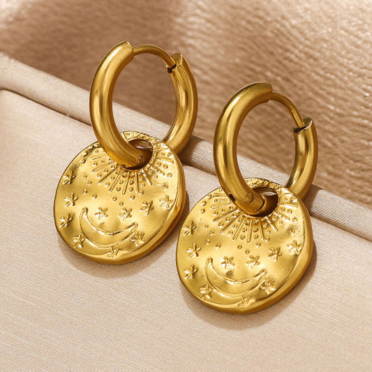 Sun Moon Engraved Trendy 18k Gold Filled Earrings