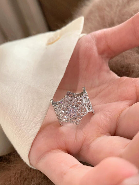 Lace Pattern Band Ring with Cubic Zircon Sterling Silver Resizable ring