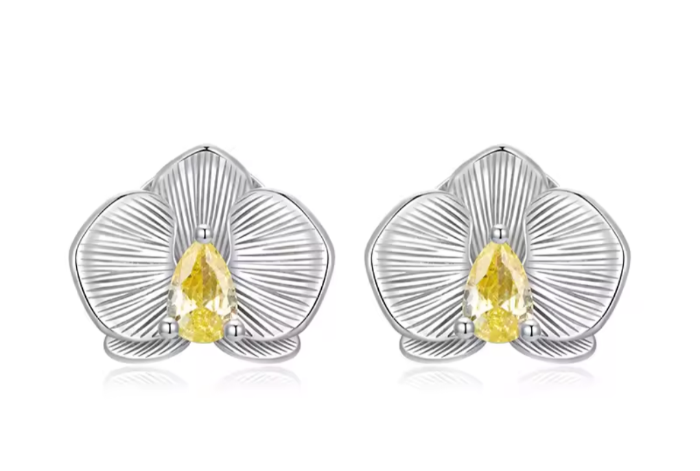 Phalaenosis Floral Sterling Silver 925 Stud Earrings