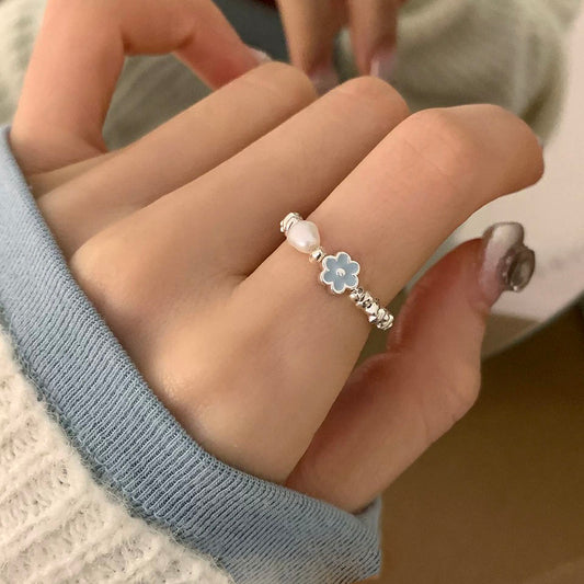 Sterling Silver Blue Daisy & Pearl Ring