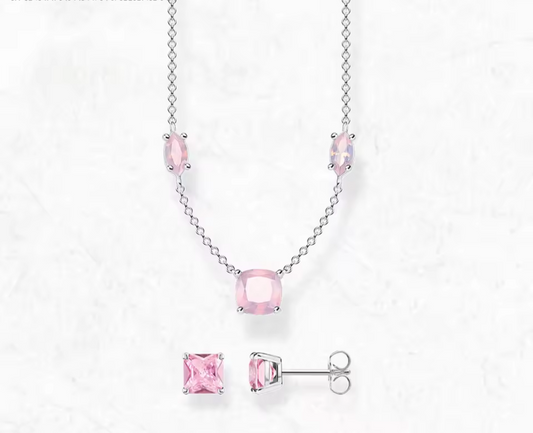 3 Pcs Sterling Silver Necklace with Stud earrings Pink Cubic Zircon set