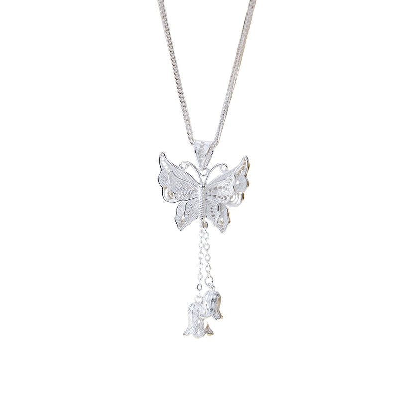 Butterfly bell orchid tassel Pendant Necklace Sterling Silver