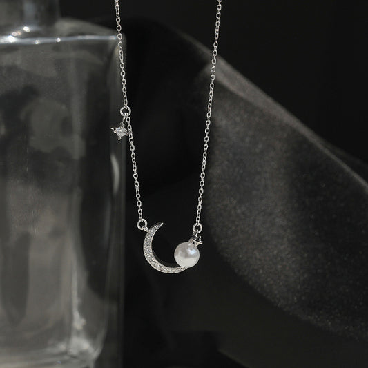 Crescent moon Pearl Sterling Silver Necklace