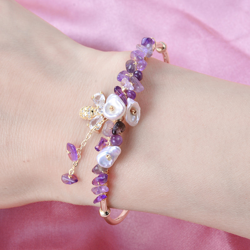 18k Gold Filled Amethyst Natural fresh water pearls Cuff bracelet