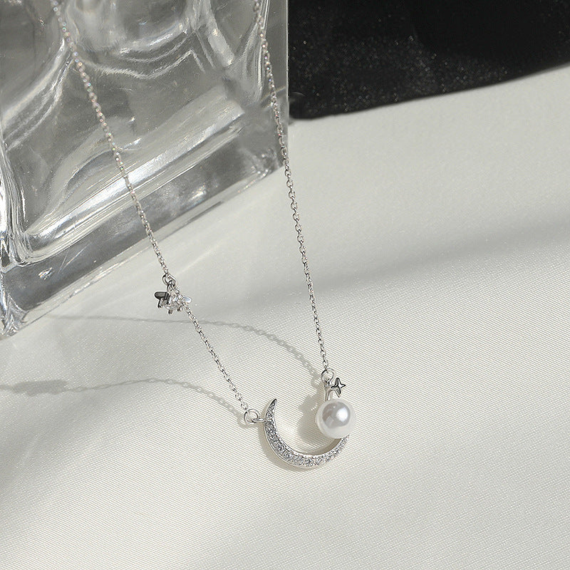 Crescent moon Pearl Sterling Silver Necklace