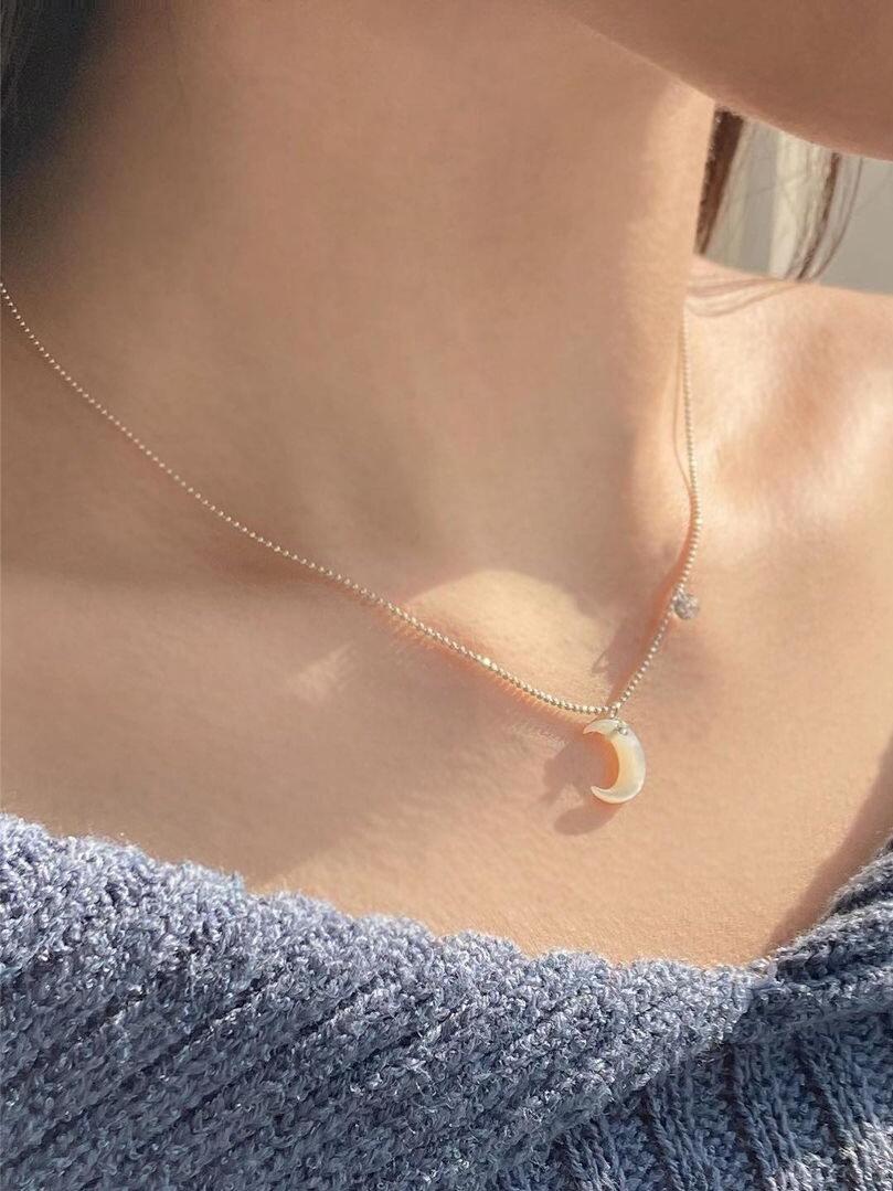 Jade Crescent moon with Cubic Zircon Sterling Silver 925 Necklace