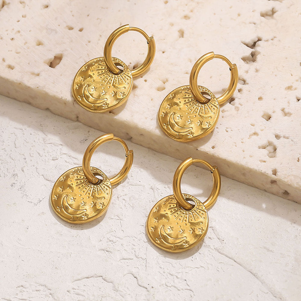 Sun Moon Engraved Trendy 18k Gold Filled Earrings
