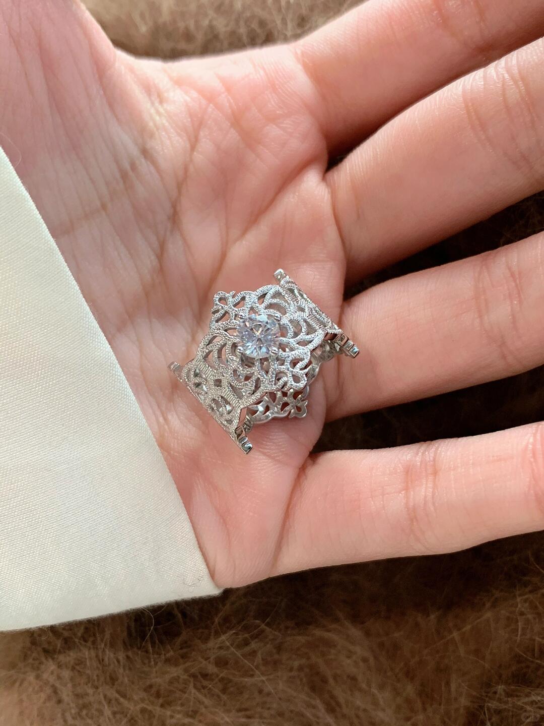 Lace Pattern Band Ring with Cubic Zircon Sterling Silver Resizable ring