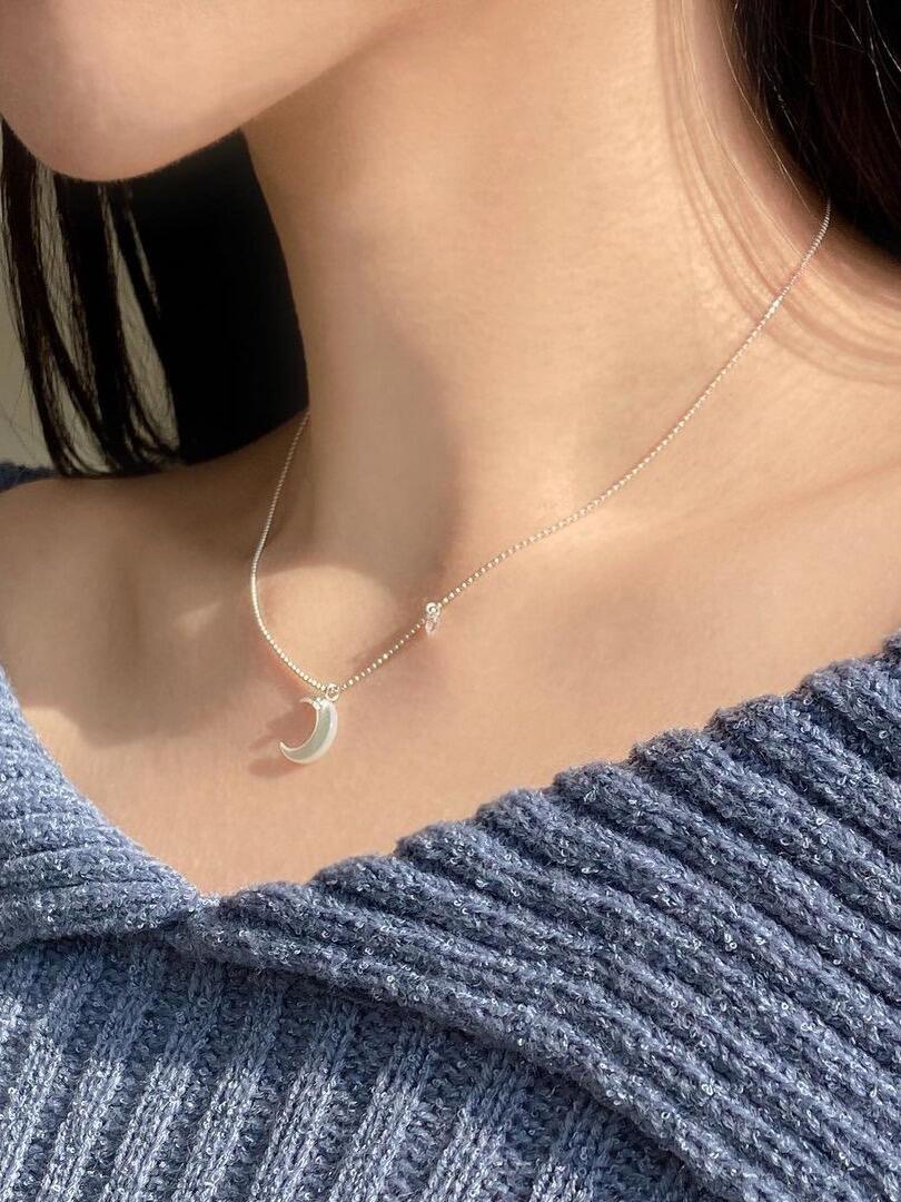 Jade Crescent moon with Cubic Zircon Sterling Silver 925 Necklace