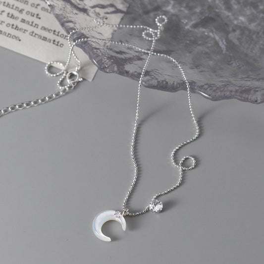 Jade Crescent moon with Cubic Zircon Sterling Silver 925 Necklace