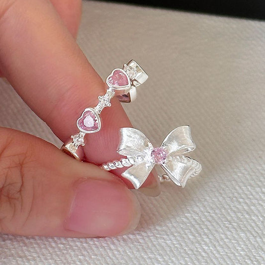 Bow hearts Pink Cubic Zircon Sterling Silver Rings Set
