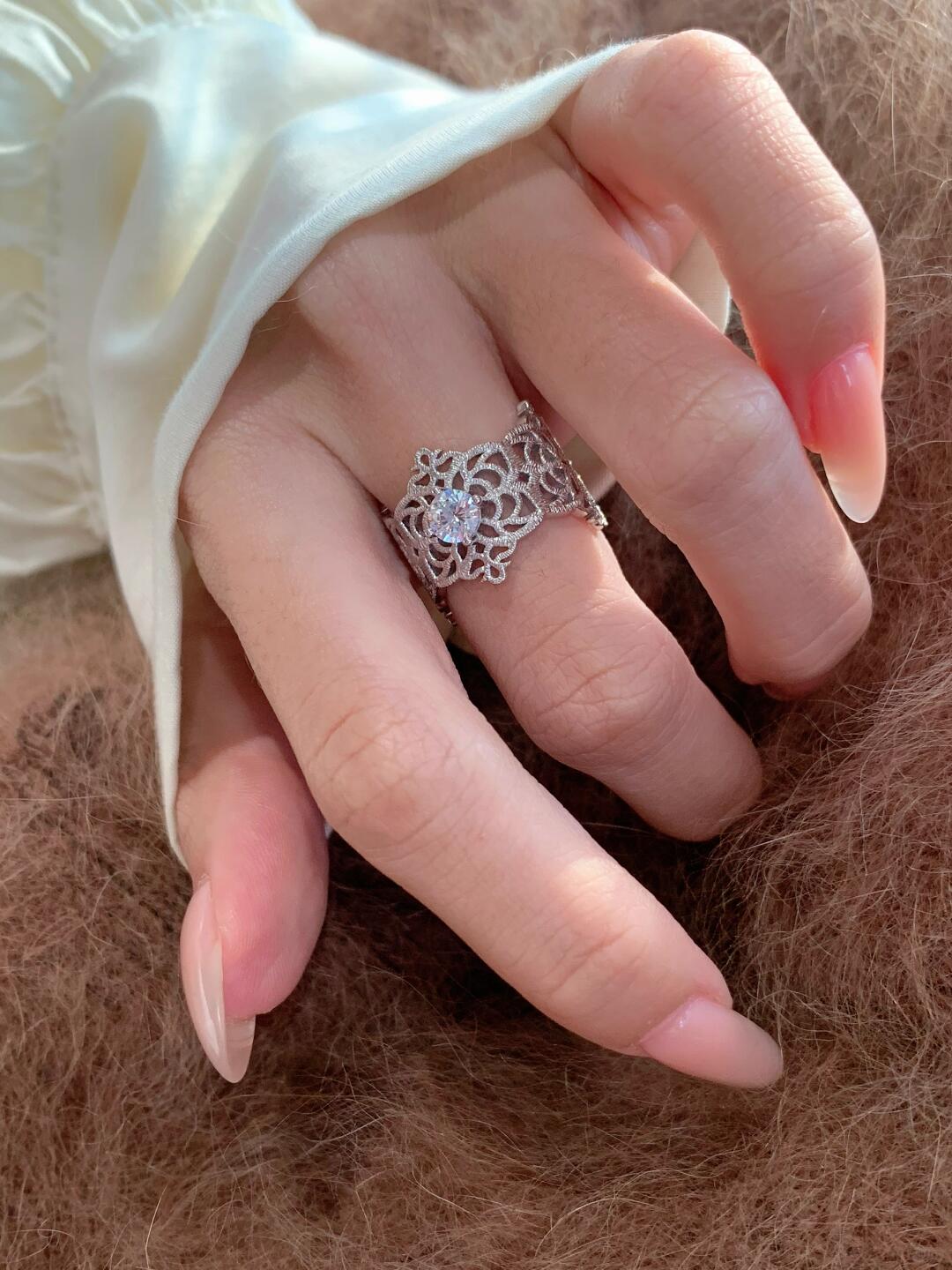 Lace Pattern Band Ring with Cubic Zircon Sterling Silver Resizable ring