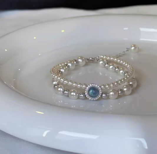 Double layer Pearls Aquamarine Sliver 925 Bracelet