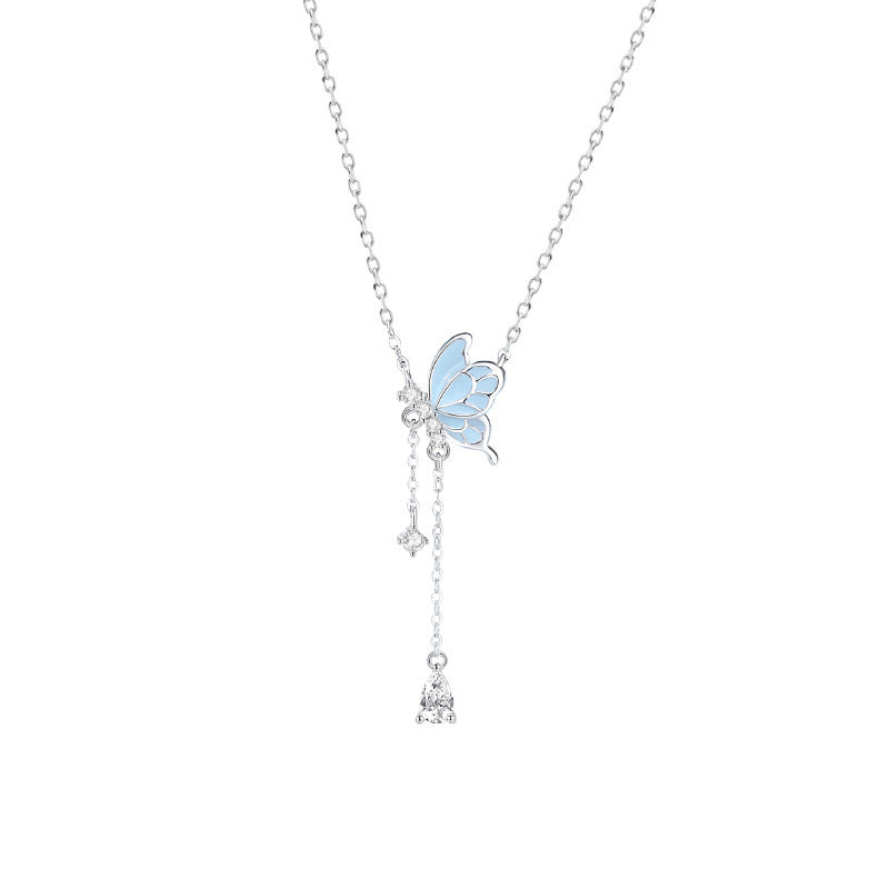 Blue Butterfly Sterling Silver Dangling Cubic Zircon Necklace
