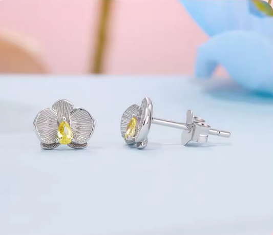 Phalaenosis Floral Sterling Silver 925 Stud Earrings
