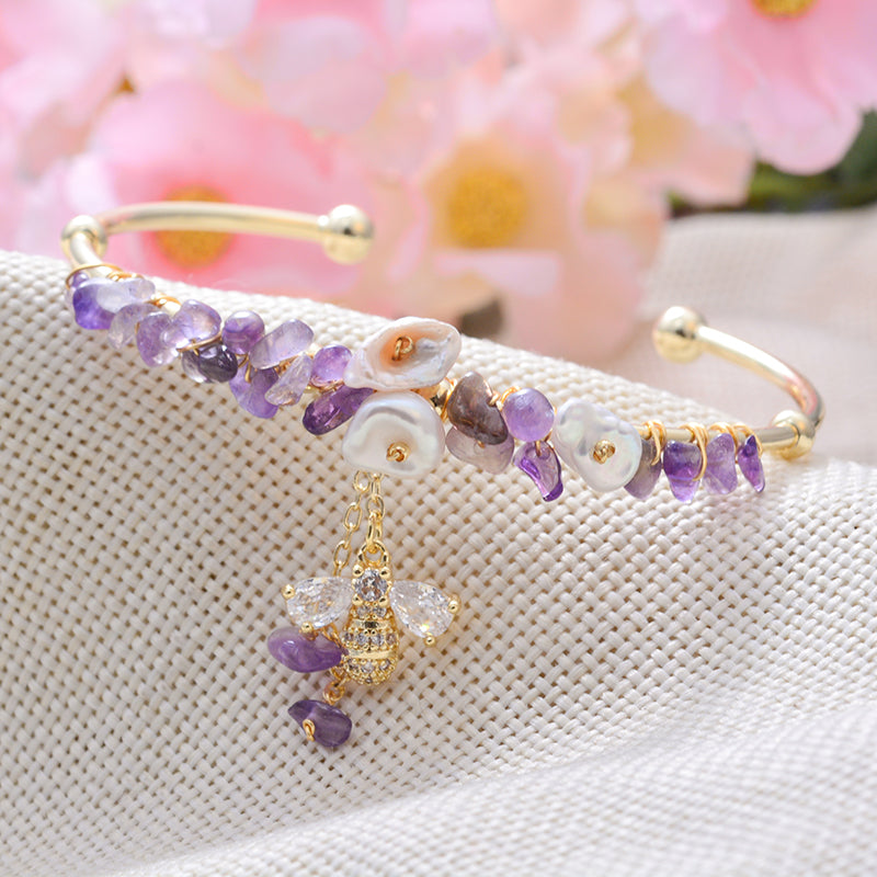 18k Gold Filled Amethyst Natural fresh water pearls Cuff bracelet