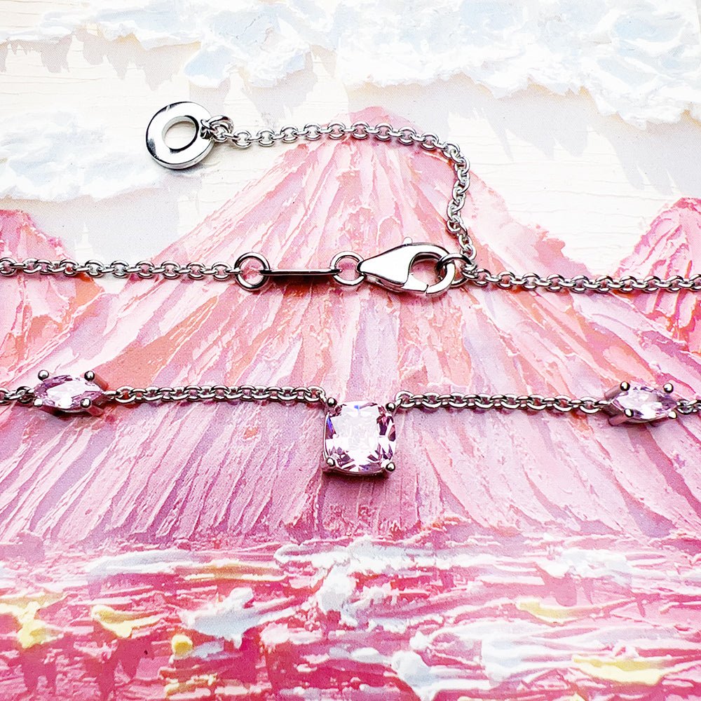 3 Pcs Sterling Silver Necklace with Stud earrings Pink Cubic Zircon set