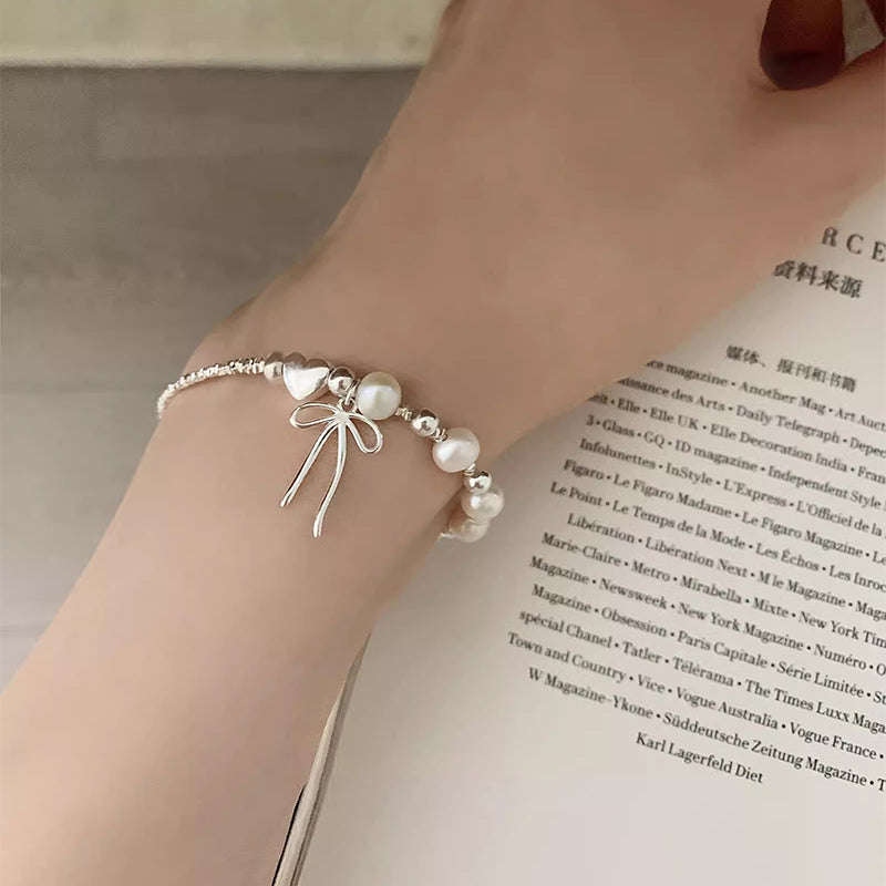 Bow heart Sterling Silver beaded pearls Bracelet