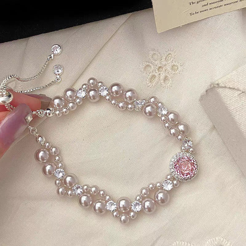 Tibetan Rose Cut Cubic Zircon Faux Pearl Sterling Silver Bracelet