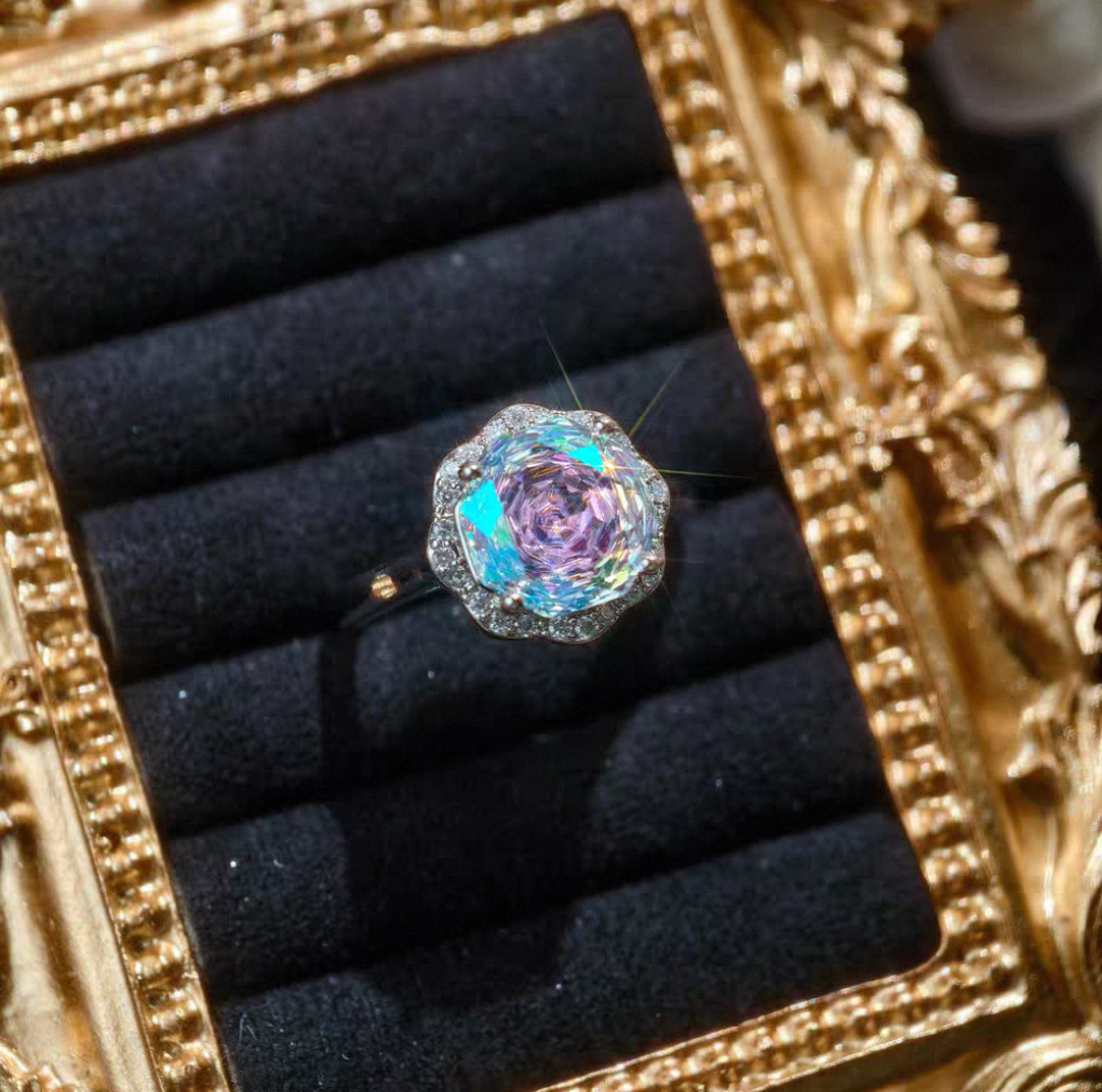 Rainbow whispers Sterling Silver High Carbon Diamond Ring-Resizable