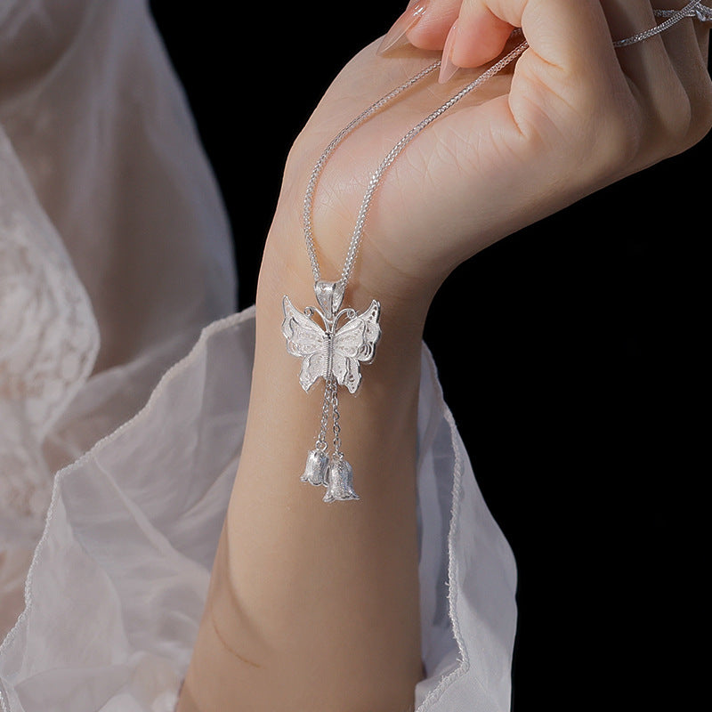 Butterfly bell orchid tassel Pendant Necklace Sterling Silver