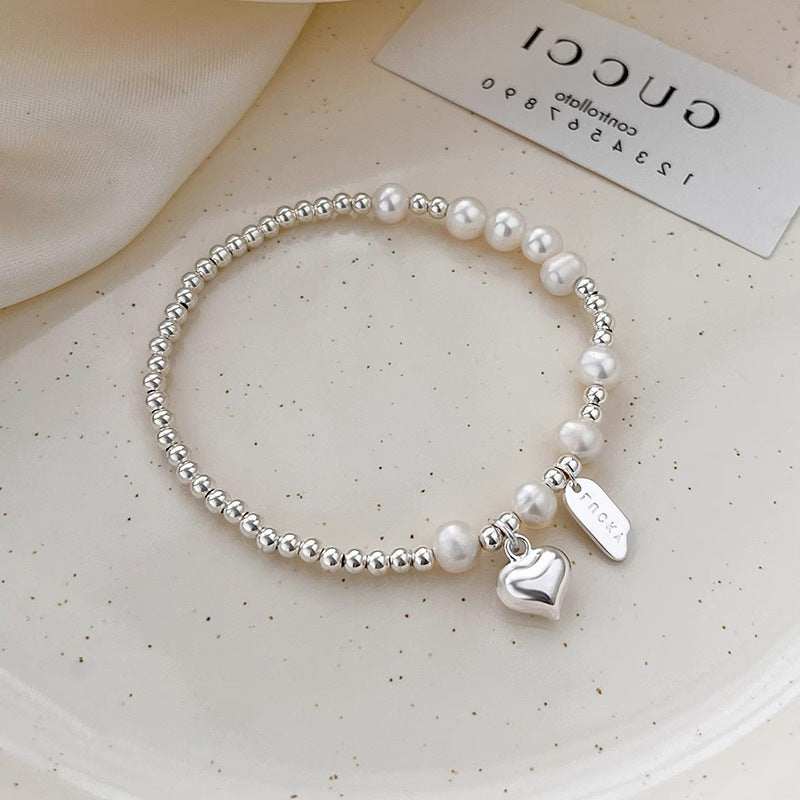 beaded Heart Charm Sterling Silver 925 Bracelet with pearls