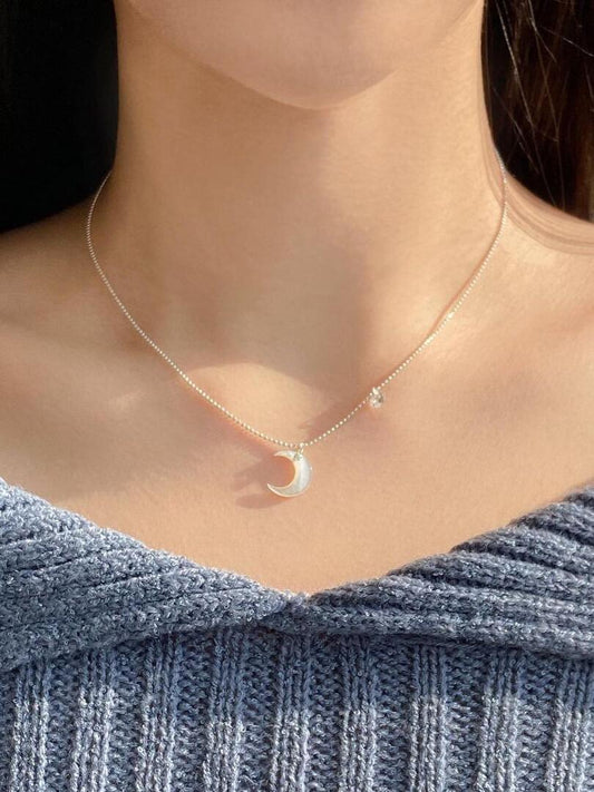 Jade Crescent moon with Cubic Zircon Sterling Silver 925 Necklace