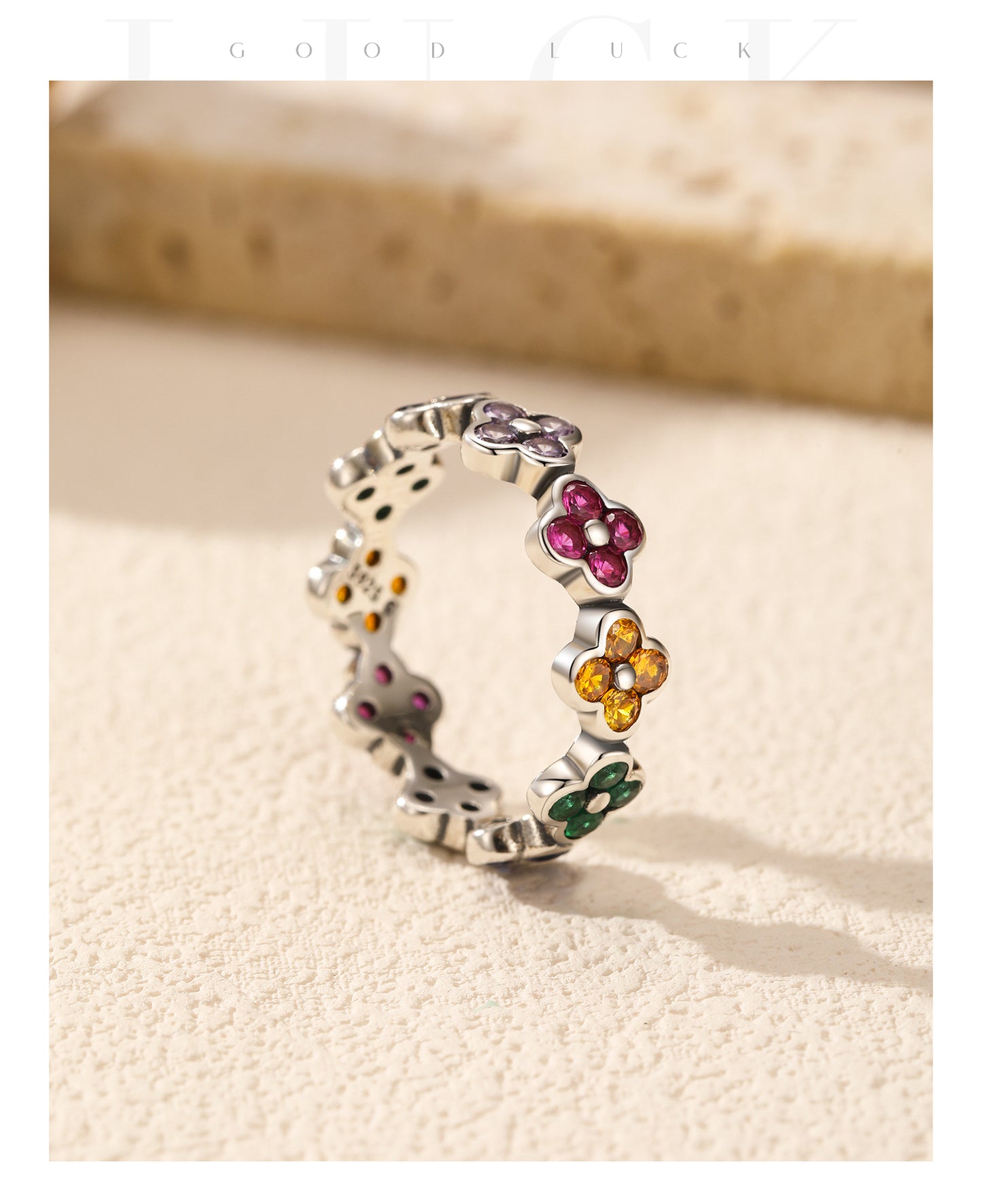 Four Clover Cubic Zircon Sterling Silver Band Ring