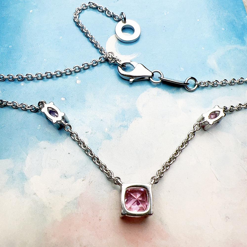 3 Pcs Sterling Silver Necklace with Stud earrings Pink Cubic Zircon set