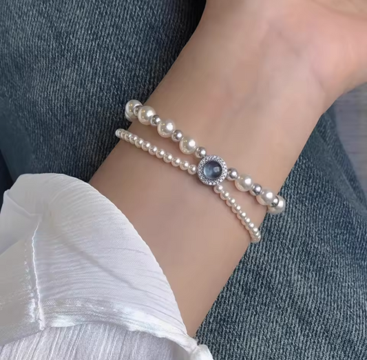 Double layer Pearls Aquamarine Sliver 925 Bracelet