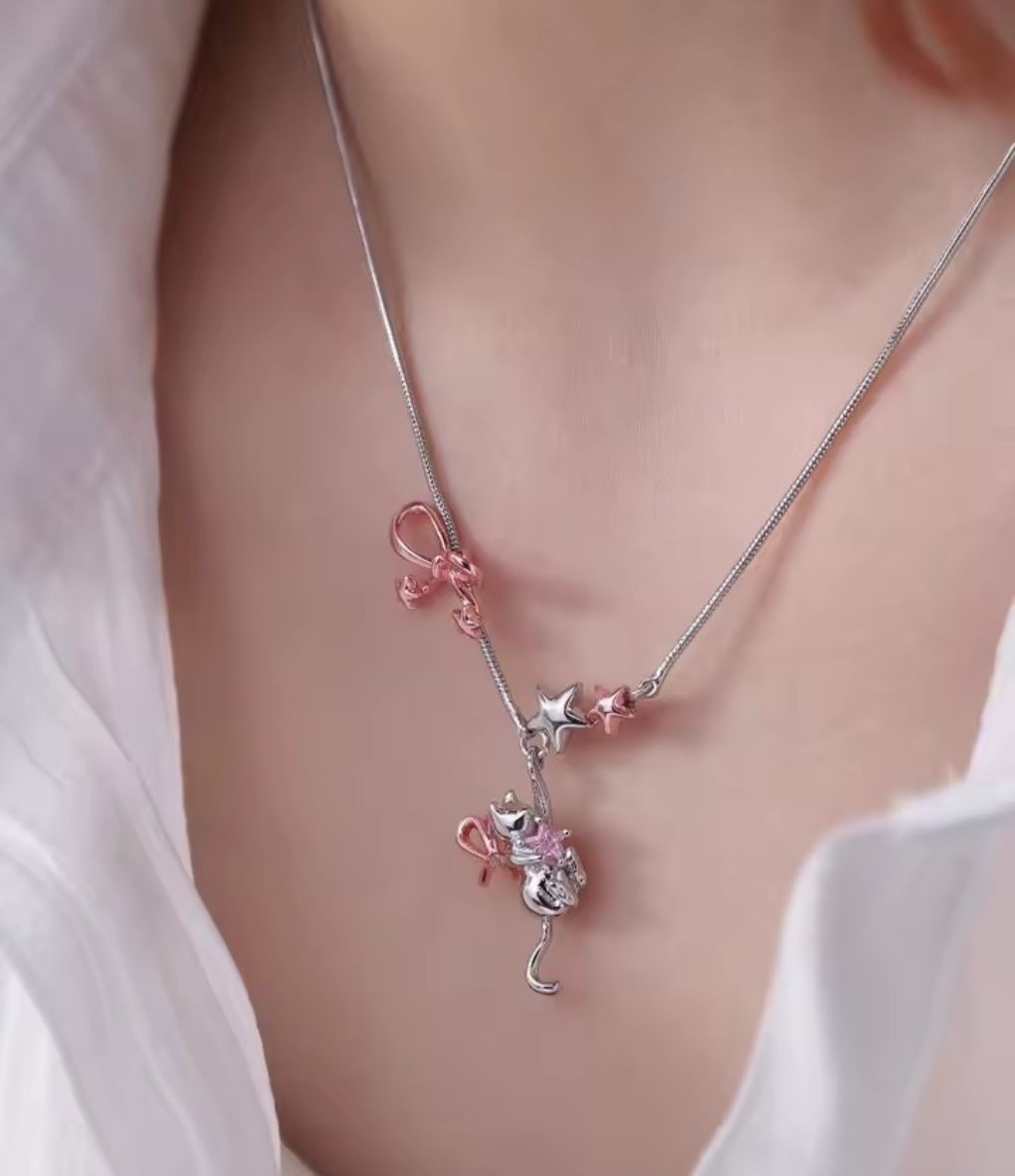 Pink Princess Kitten Sterling Silver Necklace