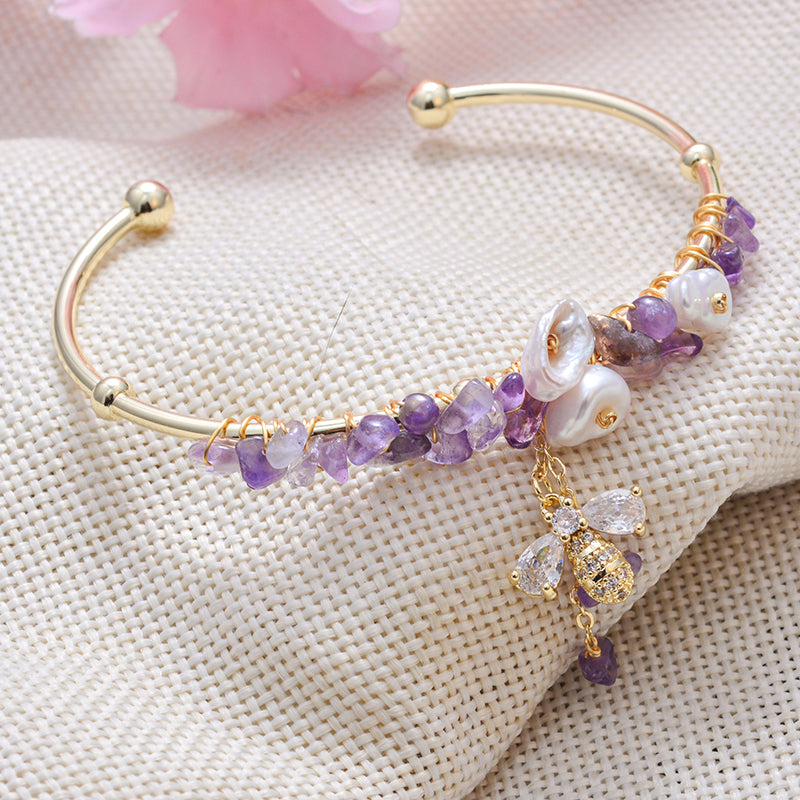18k Gold Filled Amethyst Natural fresh water pearls Cuff bracelet