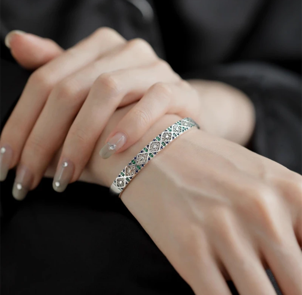 Geometric relationships Sterling Silver 925 with Cubic Zircon Cuff Bracelet