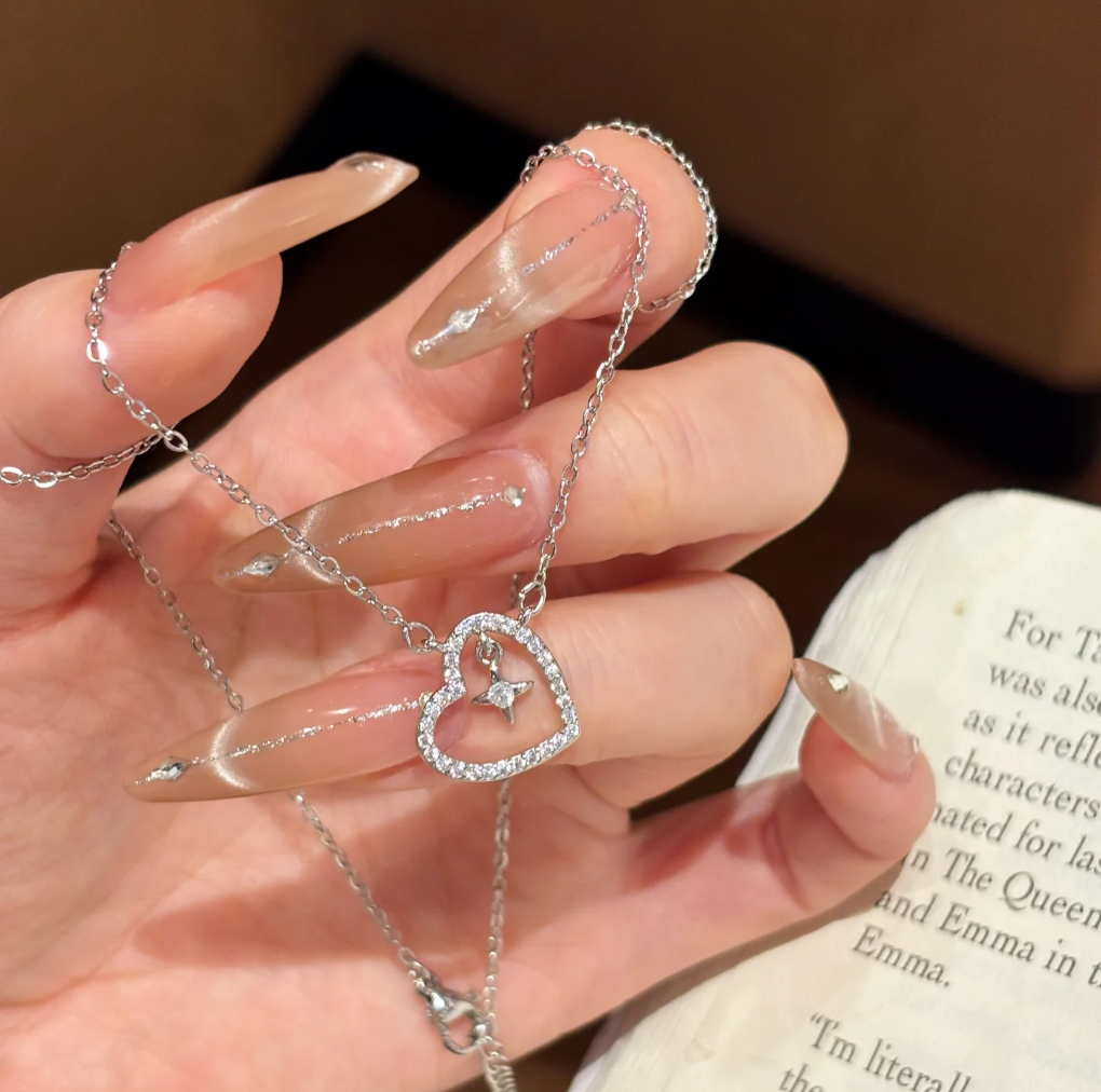 Heart Point Sterling Silver Necklace with Cubic Zircon