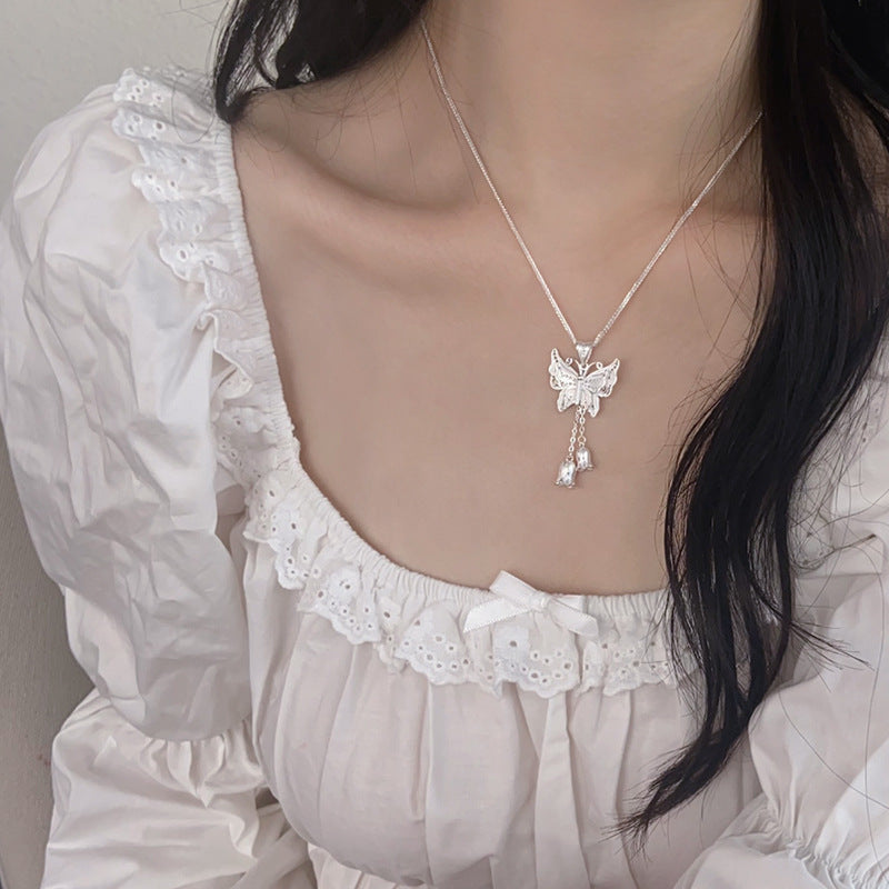 Butterfly bell orchid tassel Pendant Necklace Sterling Silver