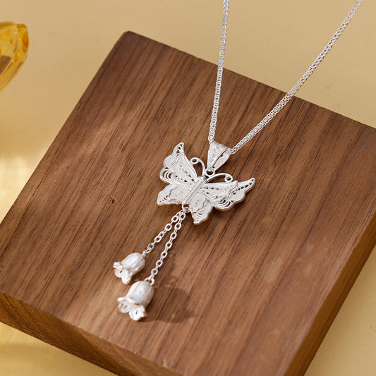Butterfly bell orchid tassel Pendant Necklace Sterling Silver